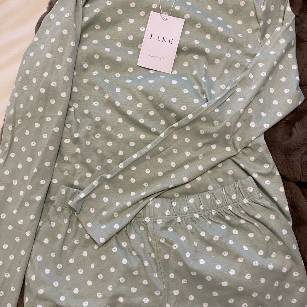 LAKE Women's Pima Crew Long Short Set- Sage Green Polka Dot
